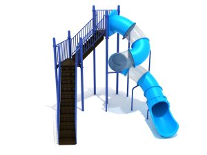Freestanding 12' Spiral Tube Slide in with Sky Blue Tube and Cobalt Blue Posts and Rails