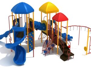Capron Play Structure in Custom Colors with Sunglow Yellow Posts, Brick Red Rails, Pacific Blue Slides and Climbers, with Pacific Blue, Sunglow Yellow and Primary Red Roofs