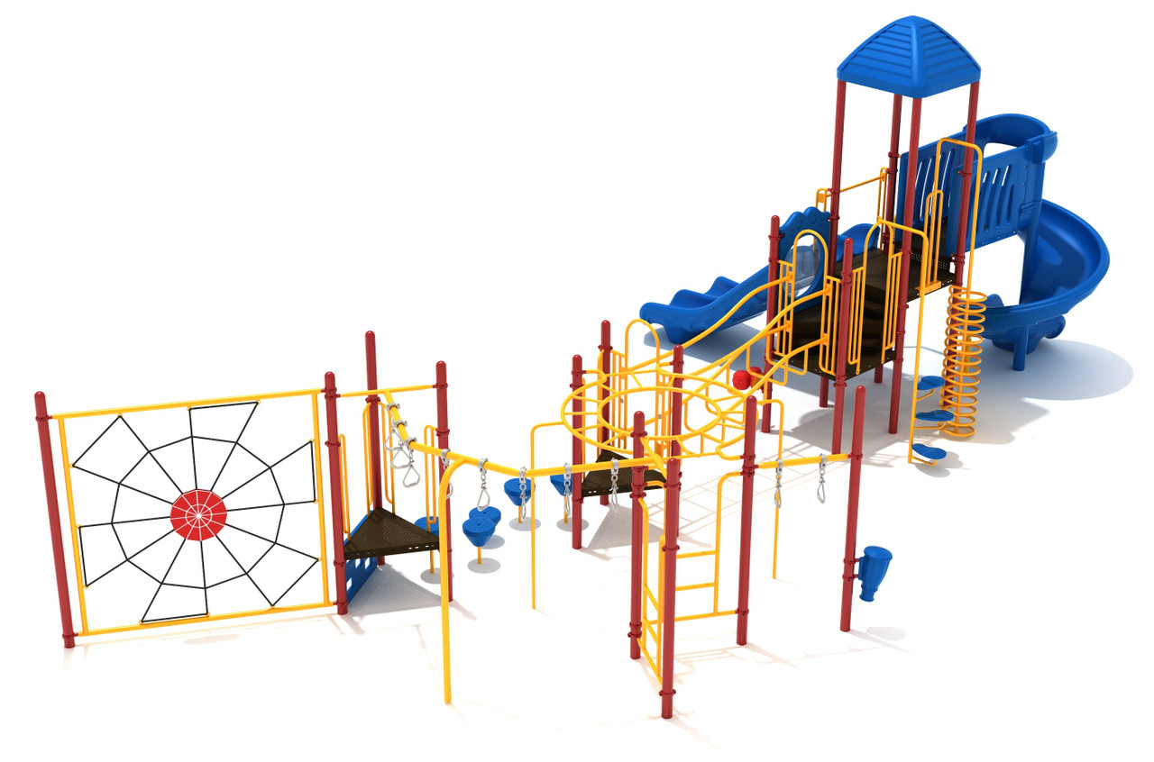 Pryor Play Structure Front View with Brick Red Posts, Sunglow Yellow Rails, Pacific Blue Slides, Roof and Panels