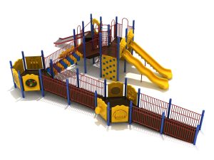 Taft Inclusive Play Structure Front View with Cobalt Blue Posts, Brick Red Rails, Sunglow Yellow Climbers/Slides/Panels