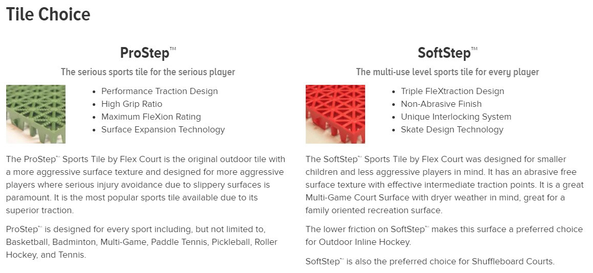 Two Options for Court Tile Type: ProStep and SoftStep