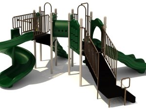 Webber Play Structure- Front view with Sand Dollar Posts, Brown Rails & Hunter Green Plastic